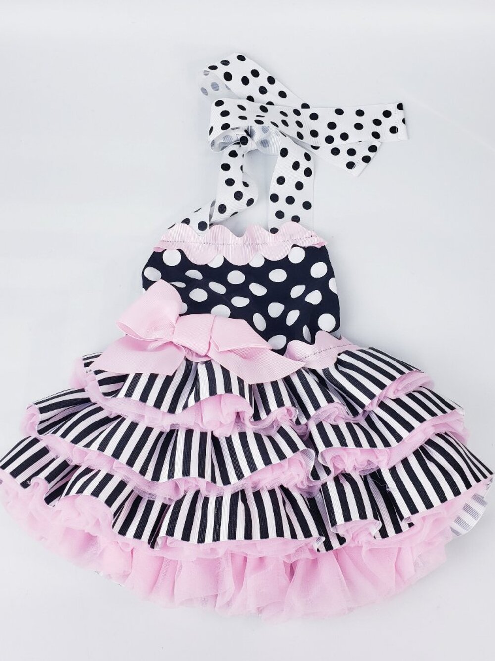 Mudpie Baby Girl Halter Dress 9-12 Pink White Polka Dot Stripes Bow Layer Tulle